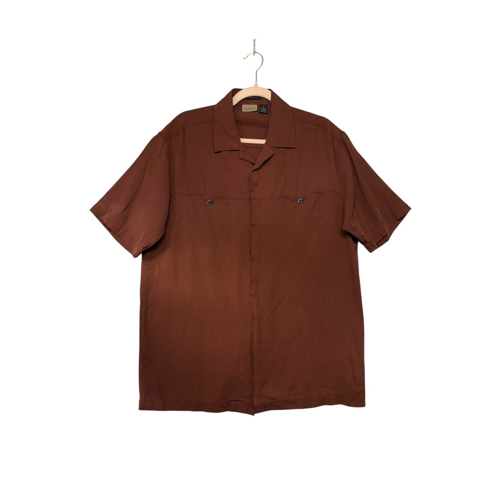 AXIST Mens Washable Silk Cotton Short Sleeve Button Up Shirt Brown Size M
